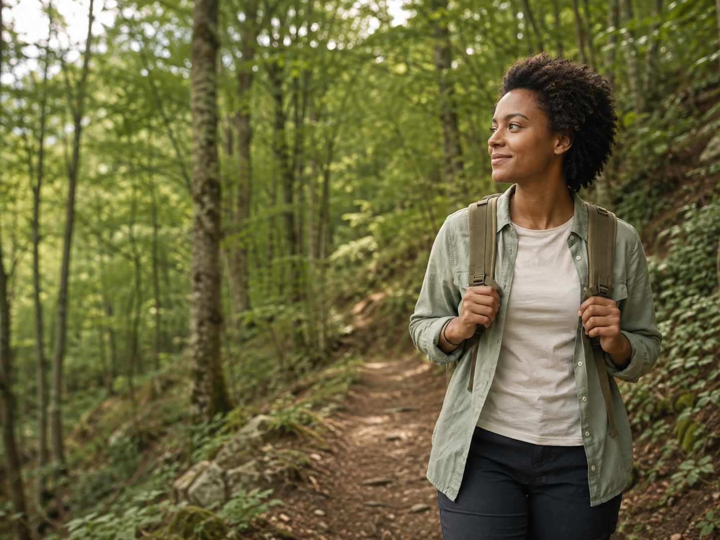 Young woman hiking in a sunlit forest