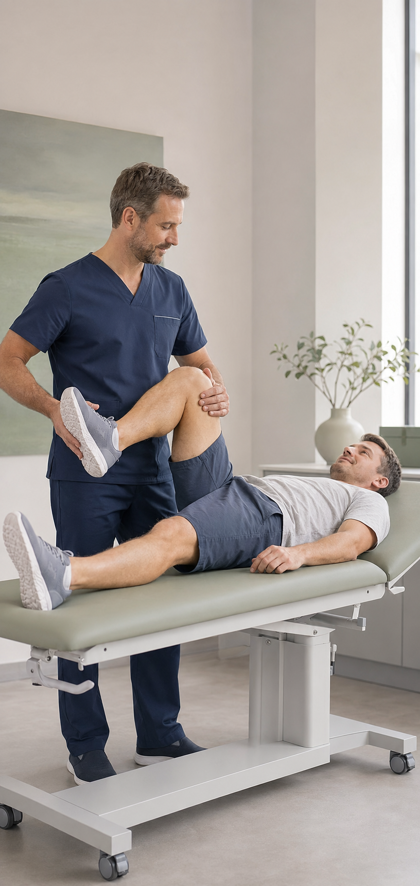 Clinician performing a hip range-of-motion examination on a patient lying on an examination table