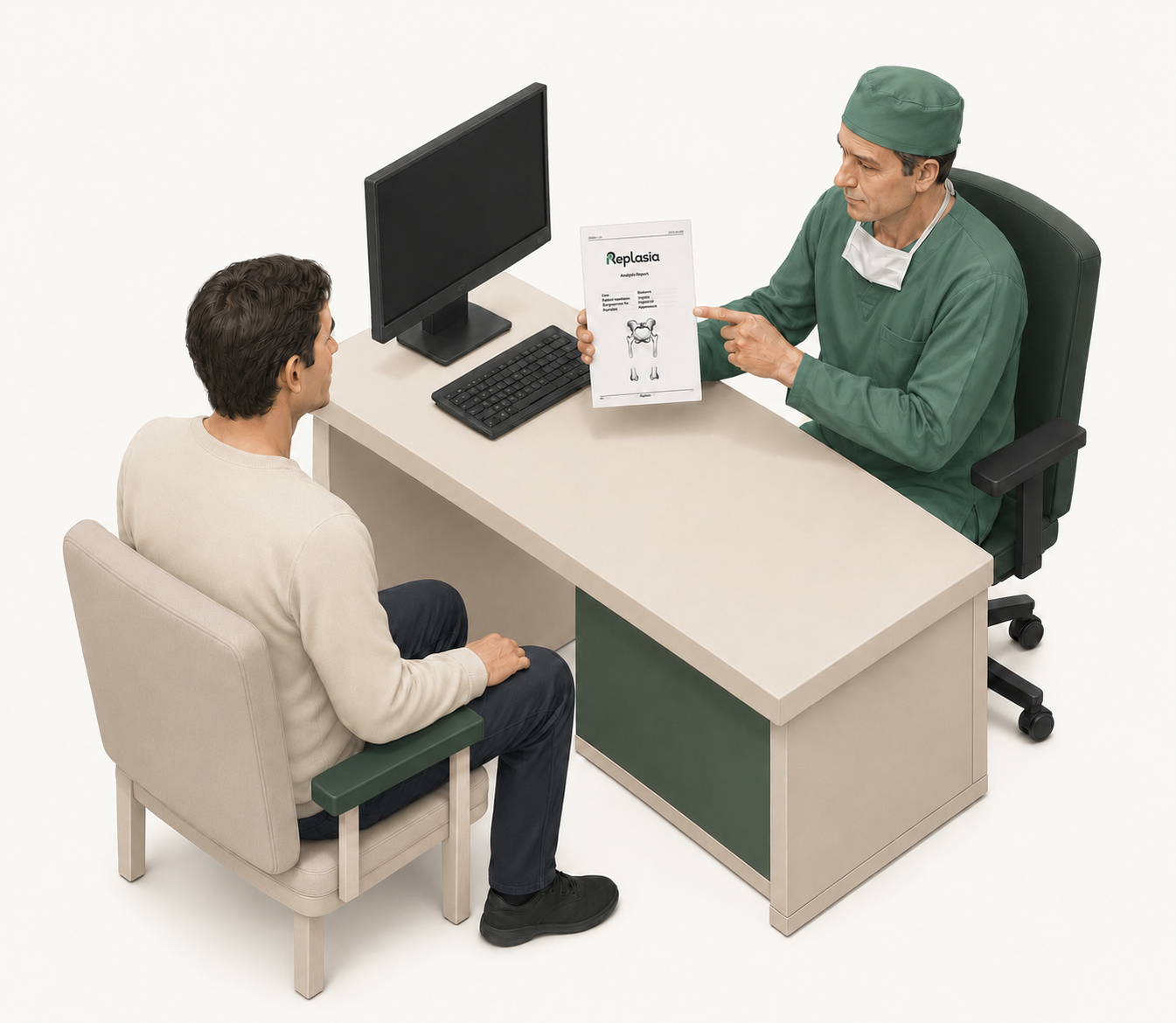 A surgeon reviewing the HipStudio 3D analysis report with the patient