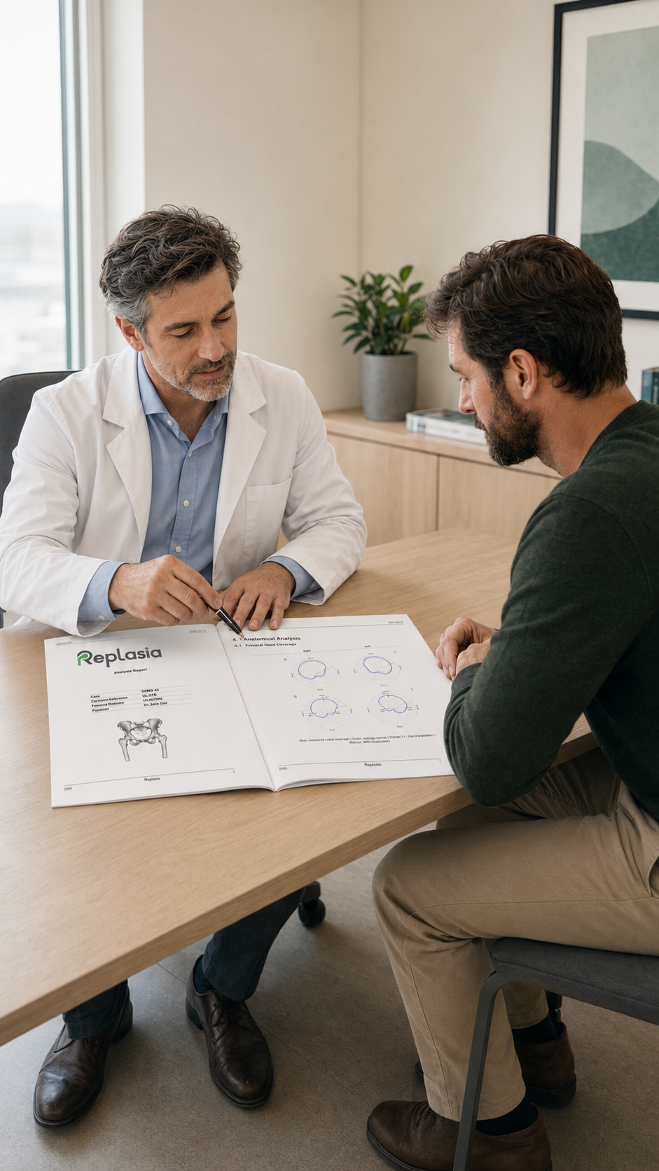 Surgeon discussing a HipStudio analysis report with a patient
