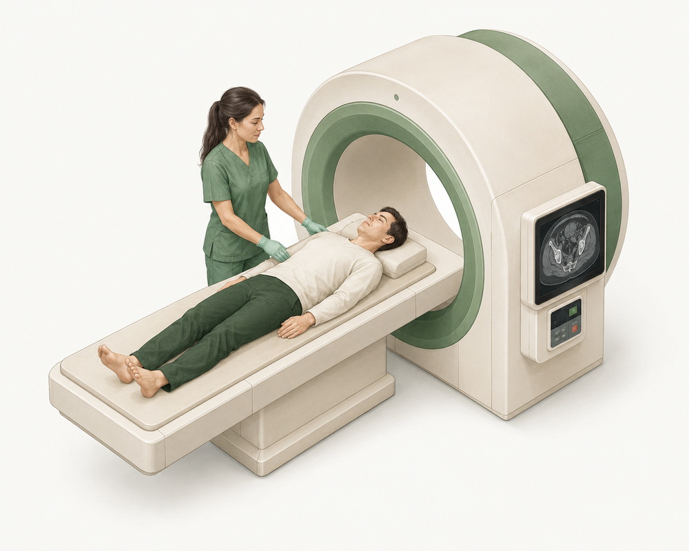 A CT scanner performing a routine hip acquisition