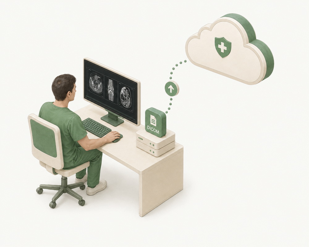 Anonymised DICOM dataset being uploaded to secure cloud storage