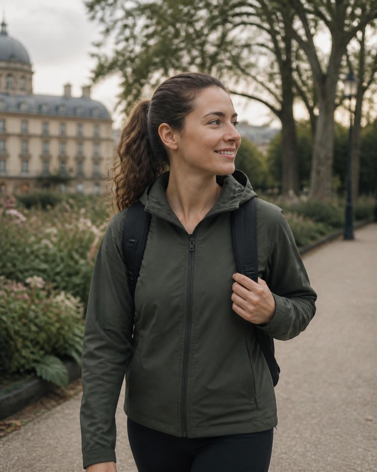 A young adult walking outdoors in a European city park